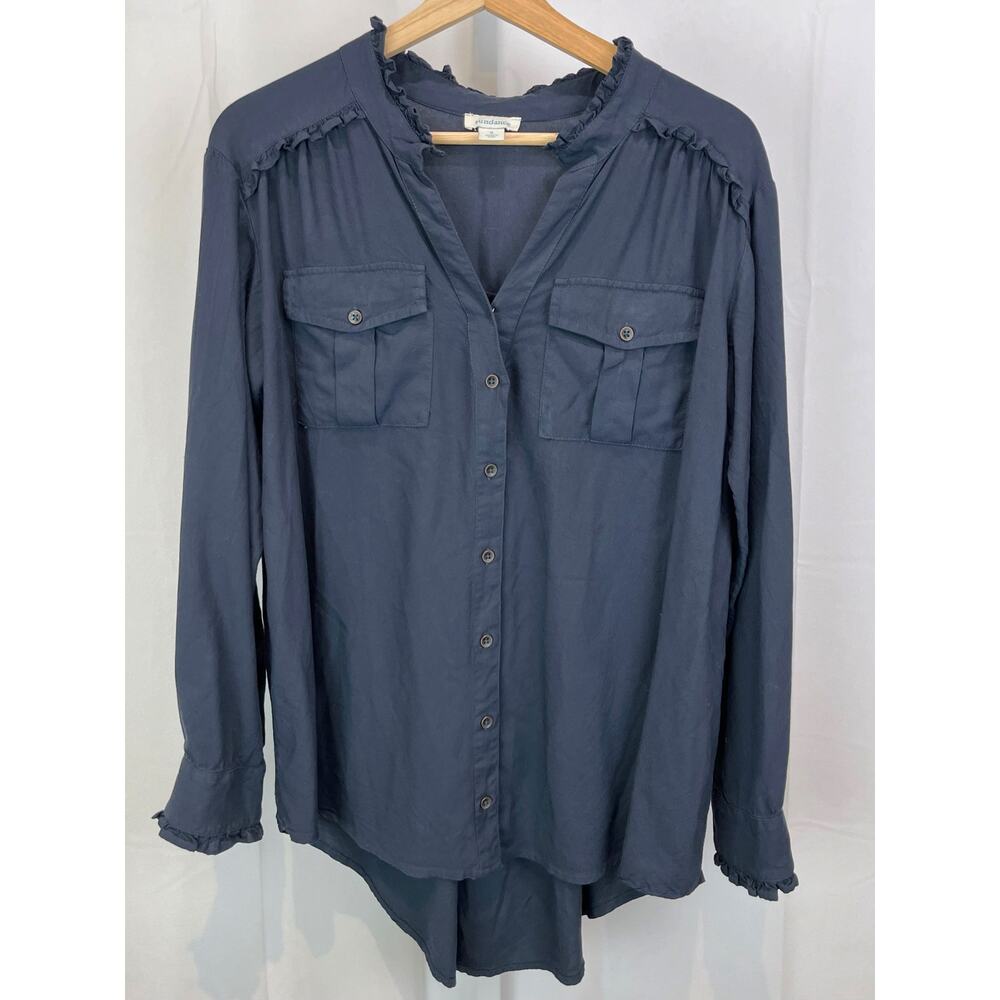 SUNDANCE  Size S Ruffle Button Down Shirt V Neck Tunic Long Sleeve Viscose Blue